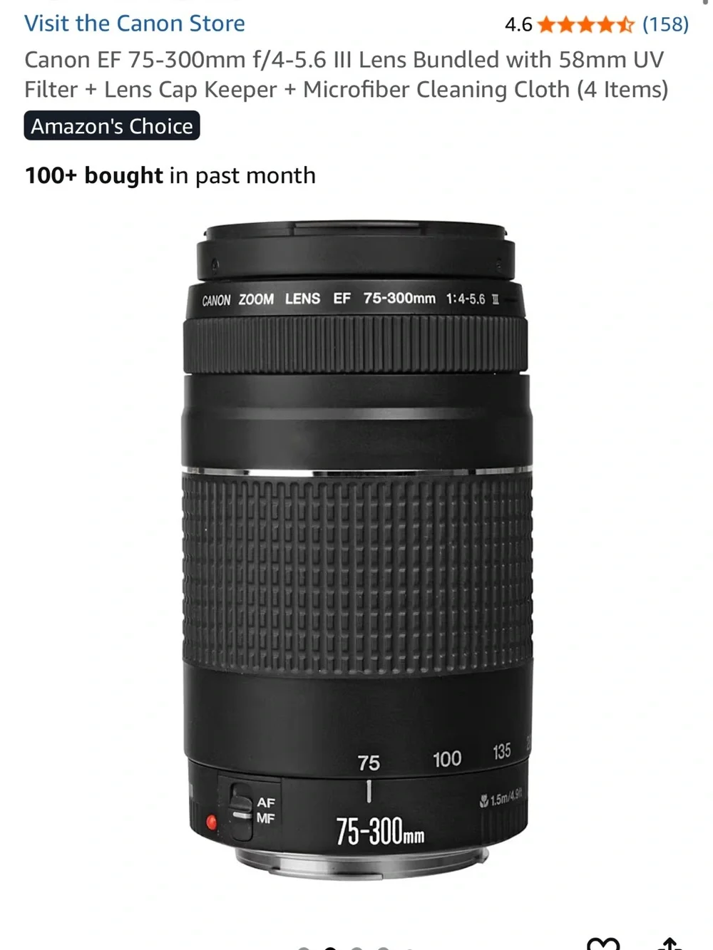 Canon 75-300mm Telephoto Zoom Lens in Black